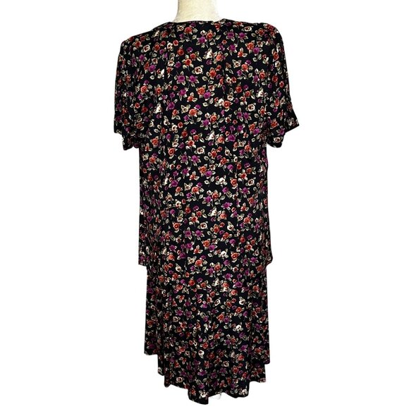 Vintage 90s Floral Rayon Dress Black Button Front Midi Sz 16 - Picture 5 of 10